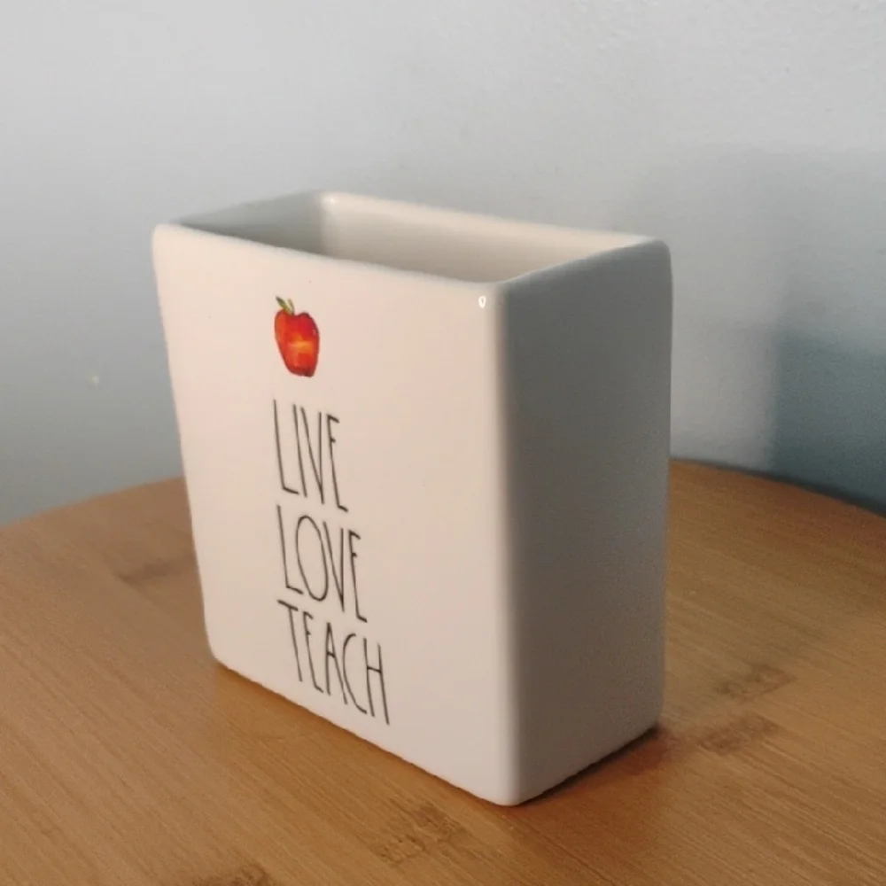 Rae Dunn Ceramics White and Red 'Live Love Teach' Pencil Note Pad Holder Caddy